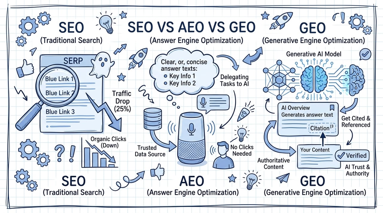 SEO vs AEO vs GEO: The 2026 Strategy Guide for Digital Visibility