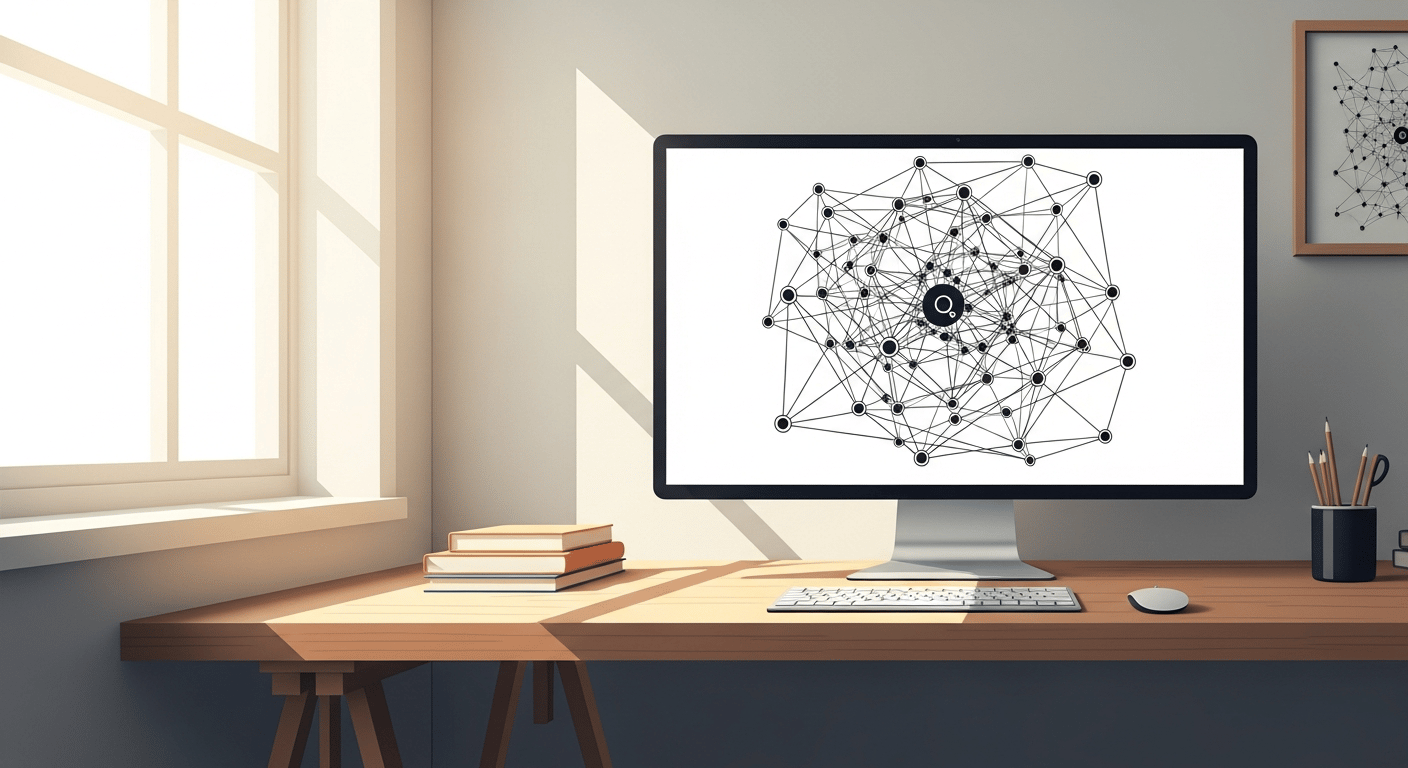 A clean wooden desk with a large monitor showing a complex spider-web of interconnected nodes, bright morning light from a window, professional illustration style.
