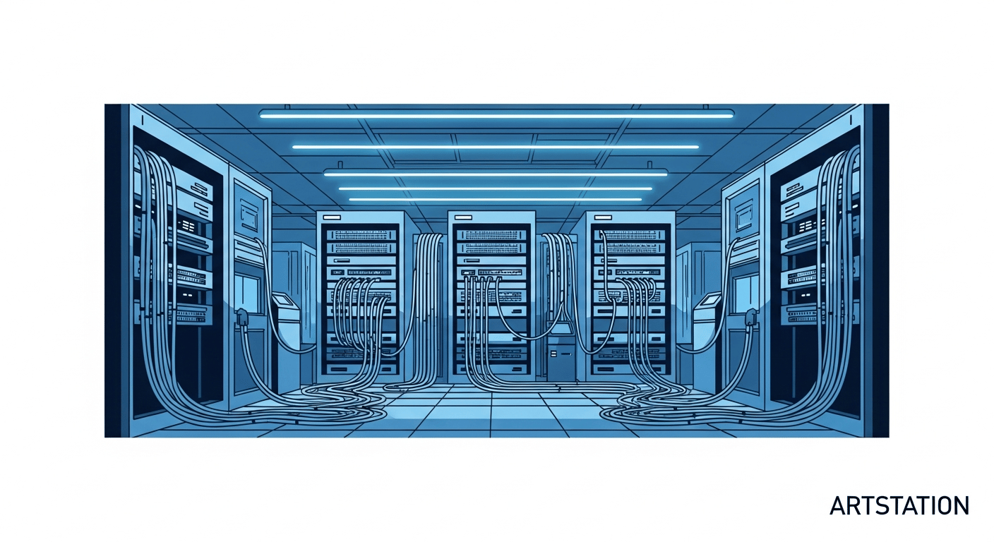 A wide-angle minimalist shot of a server room with soft blue neon glowing lights, clean and organized cable management, futuristic atmosphere.