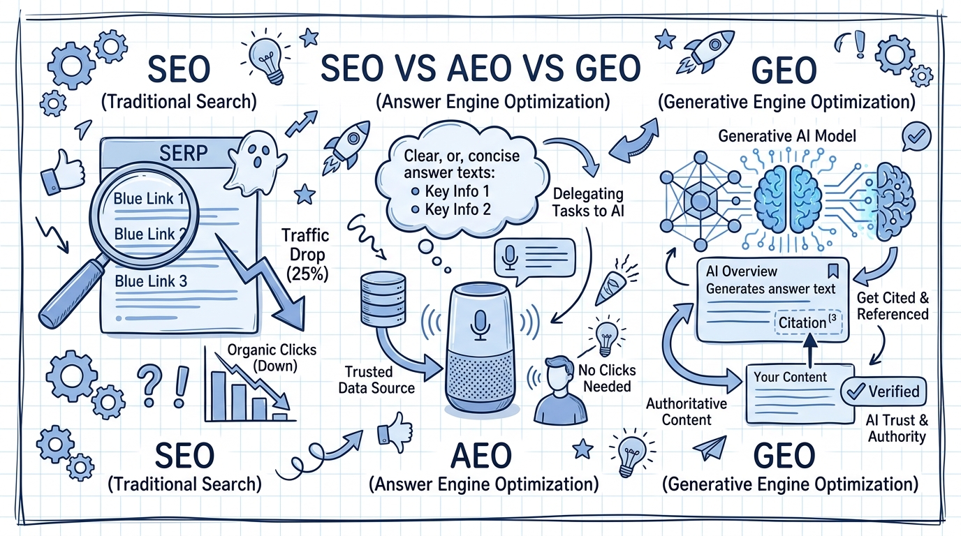 SEO vs AEO vs GEO: The 2026 Strategy Guide for Digital Visibility
