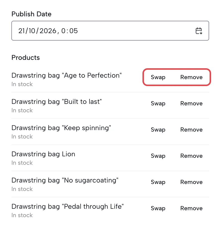 Products section of an article's settings listing six drawstring bags, each with Swap and Remove