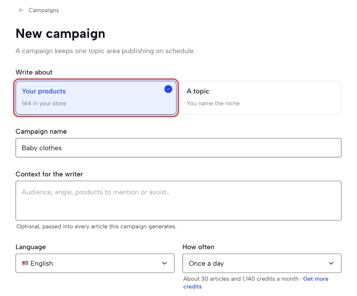 New campaign form with Write about set to Your products, showing 144 products in the store