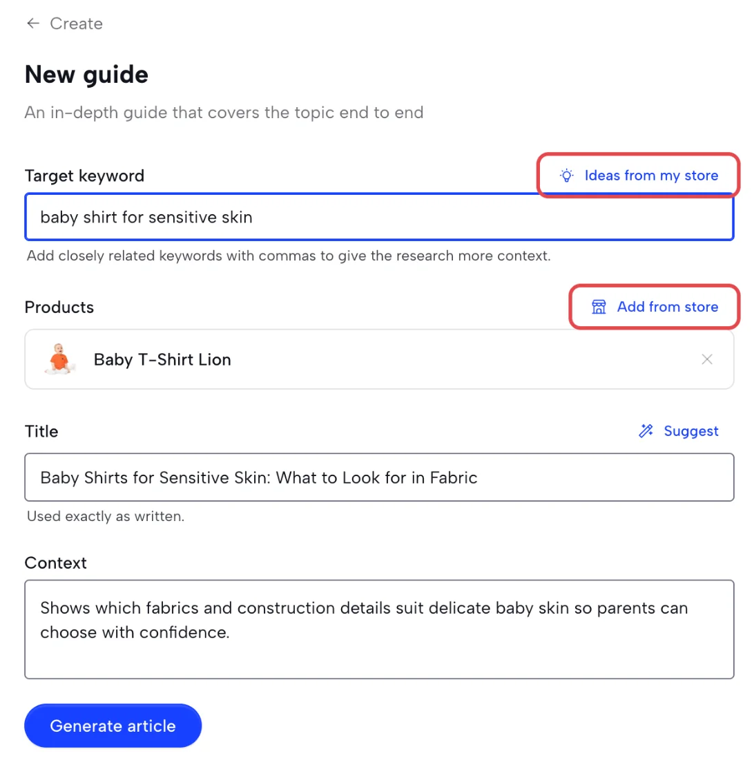 New guide form with Ideas from my store above the keyword and Add from store above the Products list