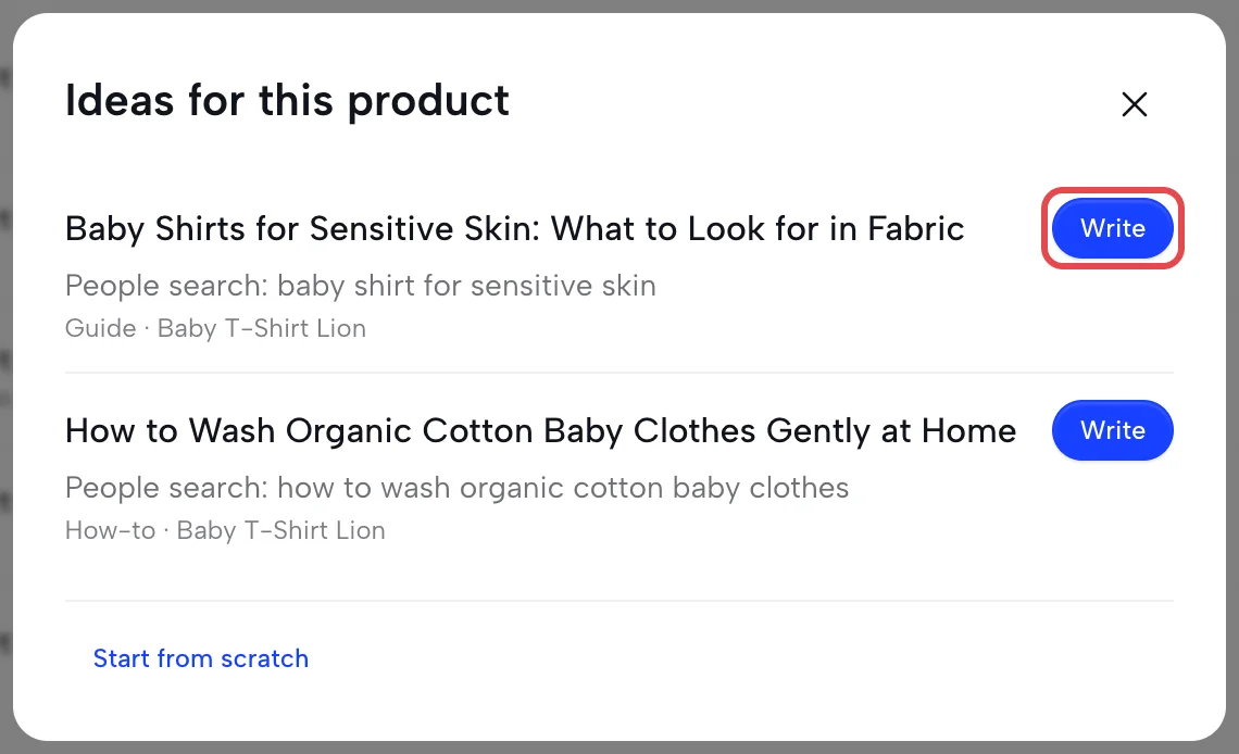 Ideas for this product dialog with two article ideas, the search each targets, and a Write button
