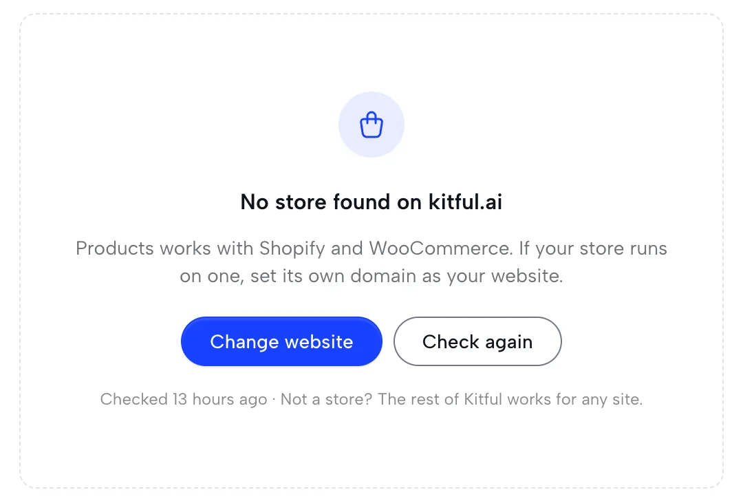 No store found card with Change website and Check again buttons