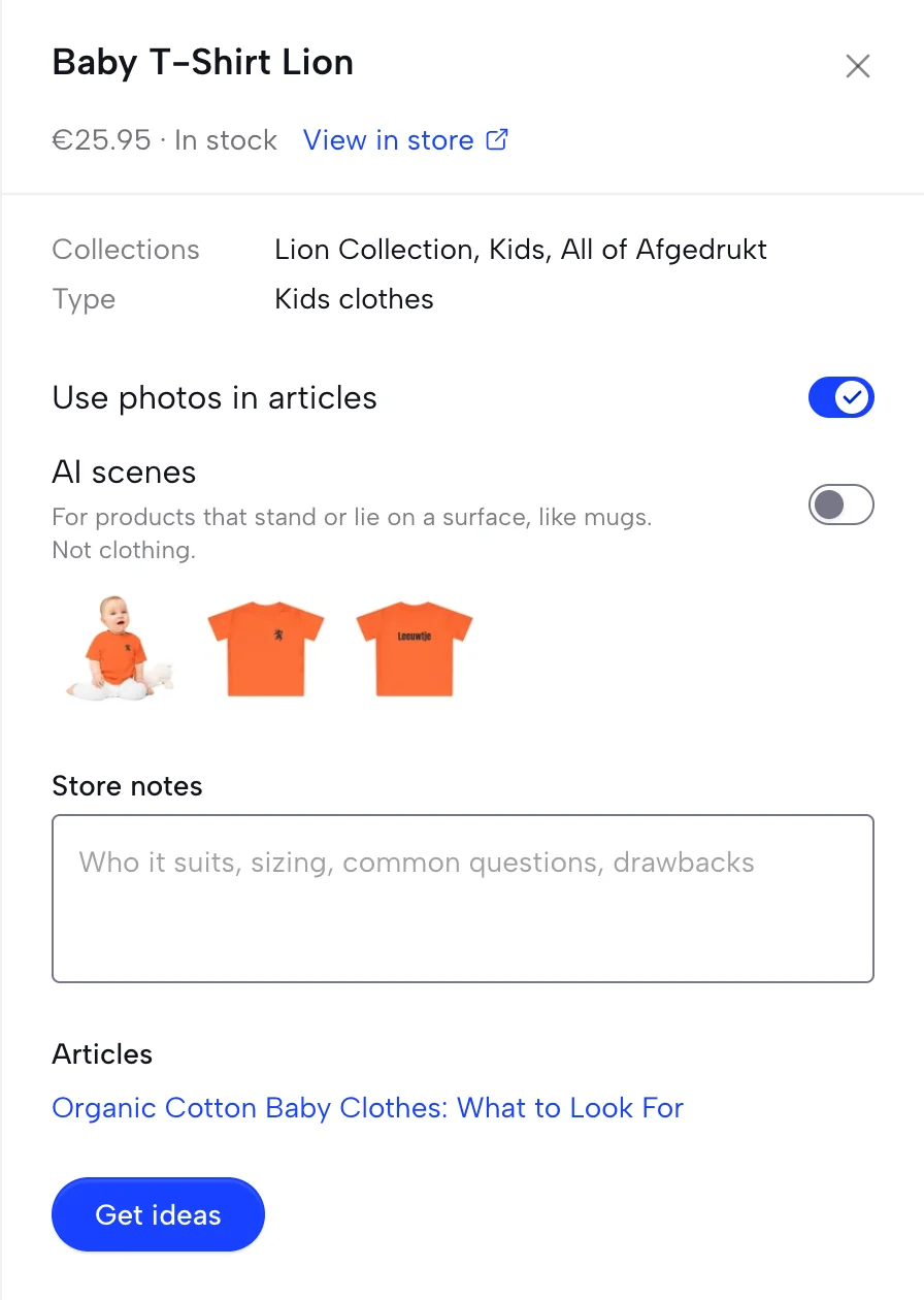 Product panel for a baby T-shirt with Use photos in articles, AI scenes, store photos, Store notes, Articles, and Get ideas