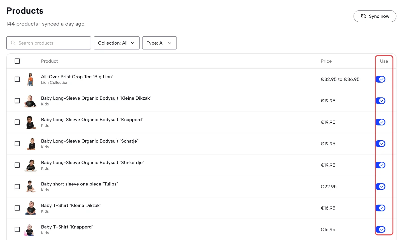 Products page listing store products with photo, collection, price, and a Use switch on each row