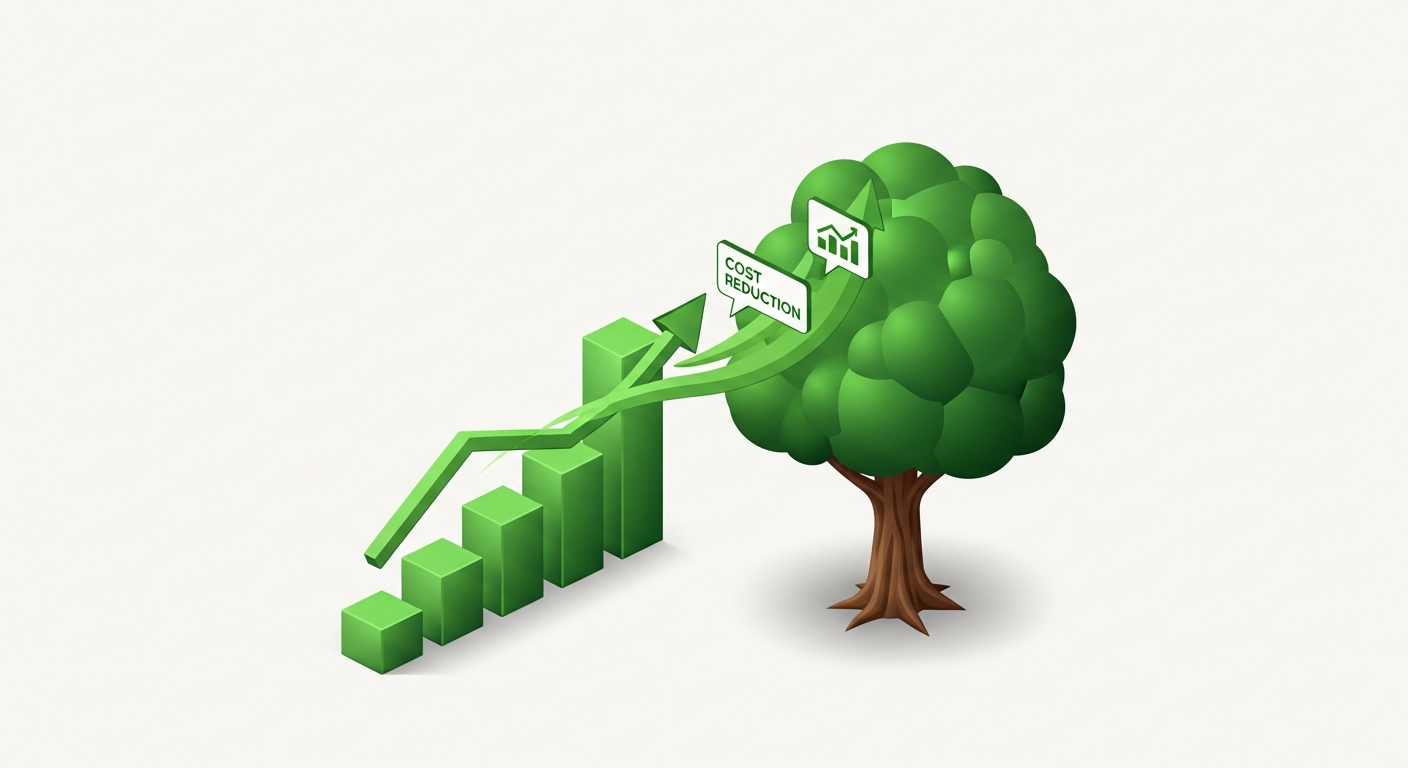 A minimalist 3D isometric illustration of a growing green bar chart morphing into a sturdy tree, cinematic lighting, professional atmosphere.