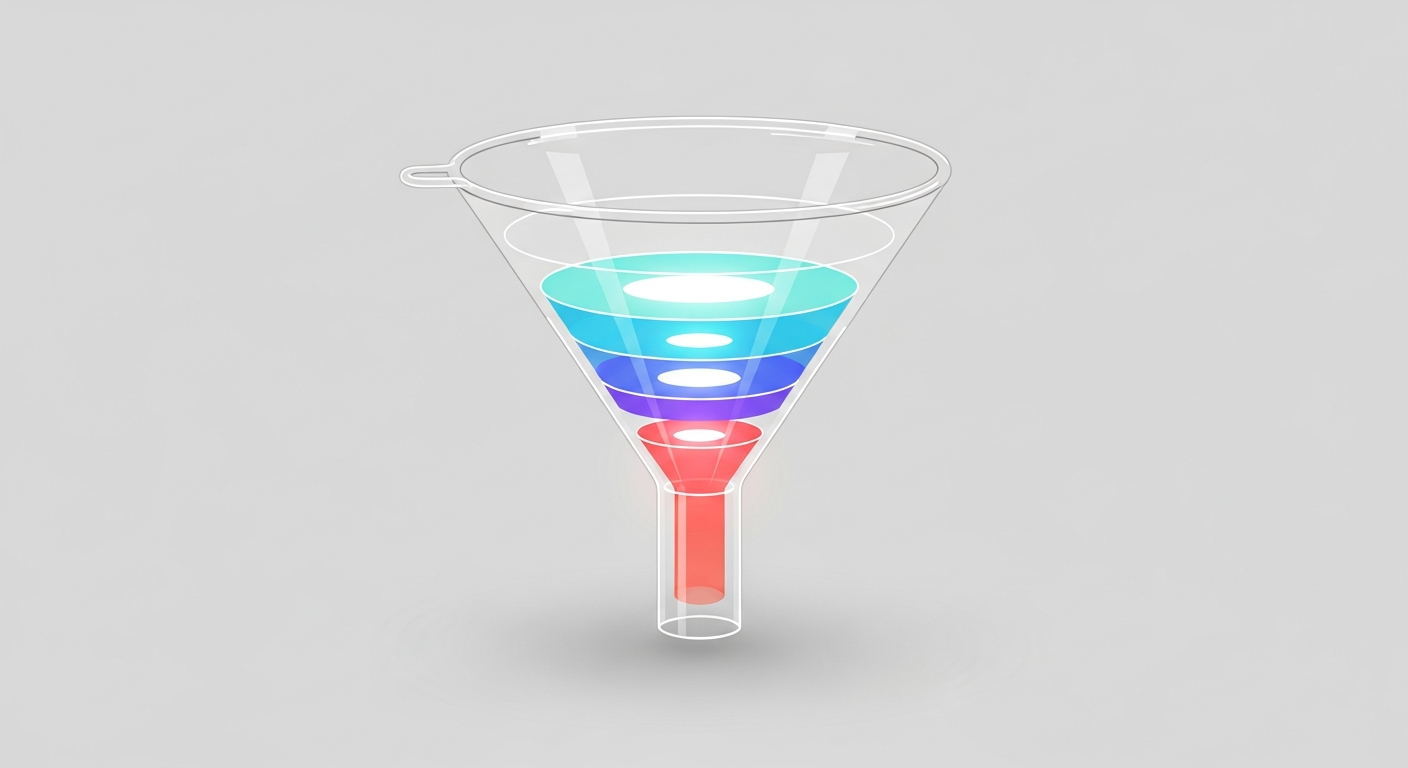 A clean, minimalist illustration of a 3D glass funnel with different colored layers glowing softly, professional lighting, modern tech aesthetic.