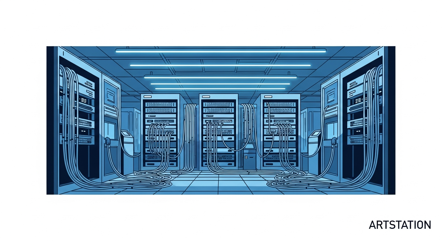 A wide-angle minimalist shot of a server room with soft blue neon glowing lights, clean and organized cable management, futuristic atmosphere.