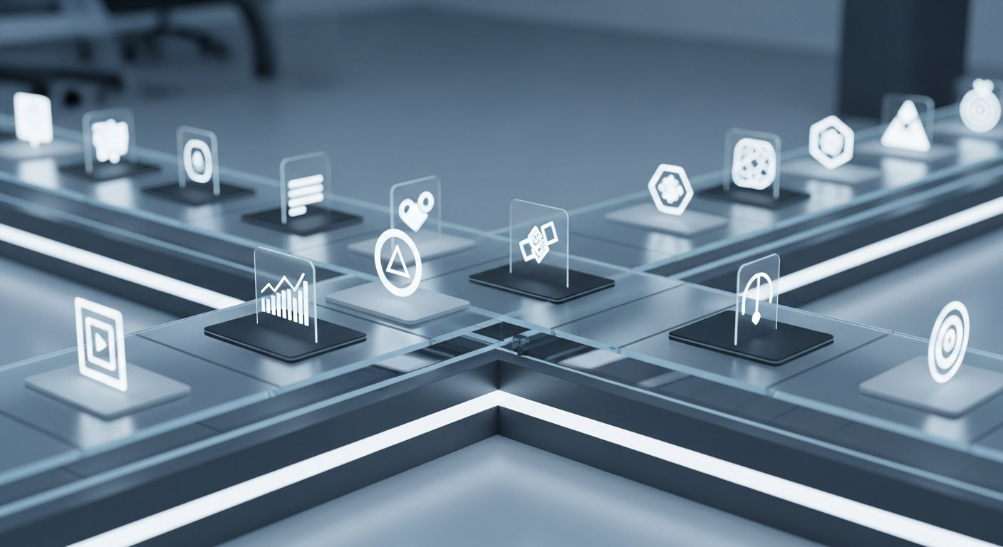 A minimalist 3D illustration of a translucent glass conveyor belt carrying glowing geometric icons representing data and text, soft cinematic lighting, futuristic office vibe.