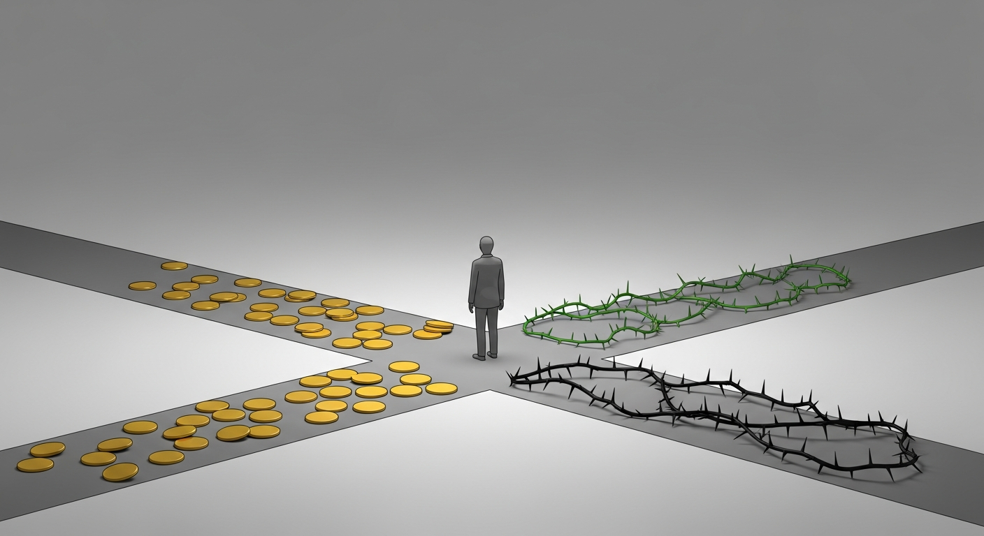 A minimalist 3D illustration of a figure standing at a crossroads, one path paved with gold and the other with thorns, cinematic morning light, professional atmosphere.